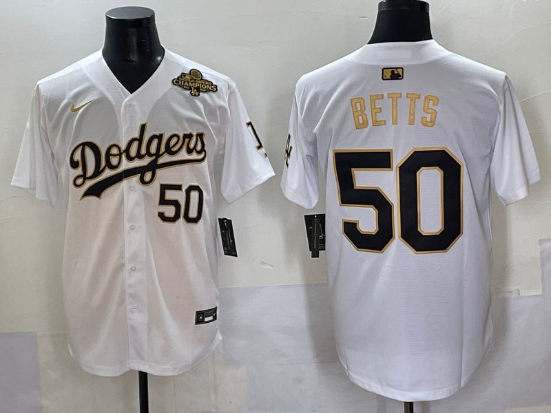 Men 2025 Los Angeles Dodgers #50 Betts White Gold Nike MLB Jersey style 6276->los angeles dodgers->MLB Jersey